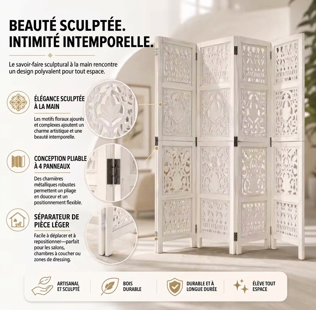 Paravent bois de manguier blanc