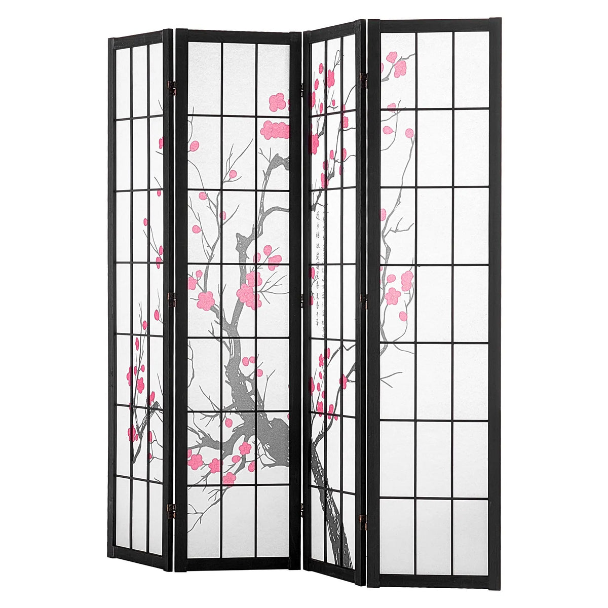 Paravent japonais 4 panneaux motif fleurs de cerisier sur cadre bois noir, 170 cm