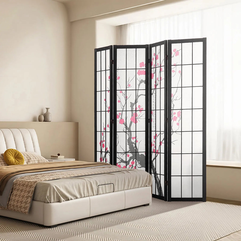 Paravent japonais 4 panneaux motif fleurs de cerisier sur cadre bois noir, 170 cm