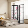 Paravent japonais 4 panneaux motif fleurs de cerisier sur cadre bois noir, 170 cm